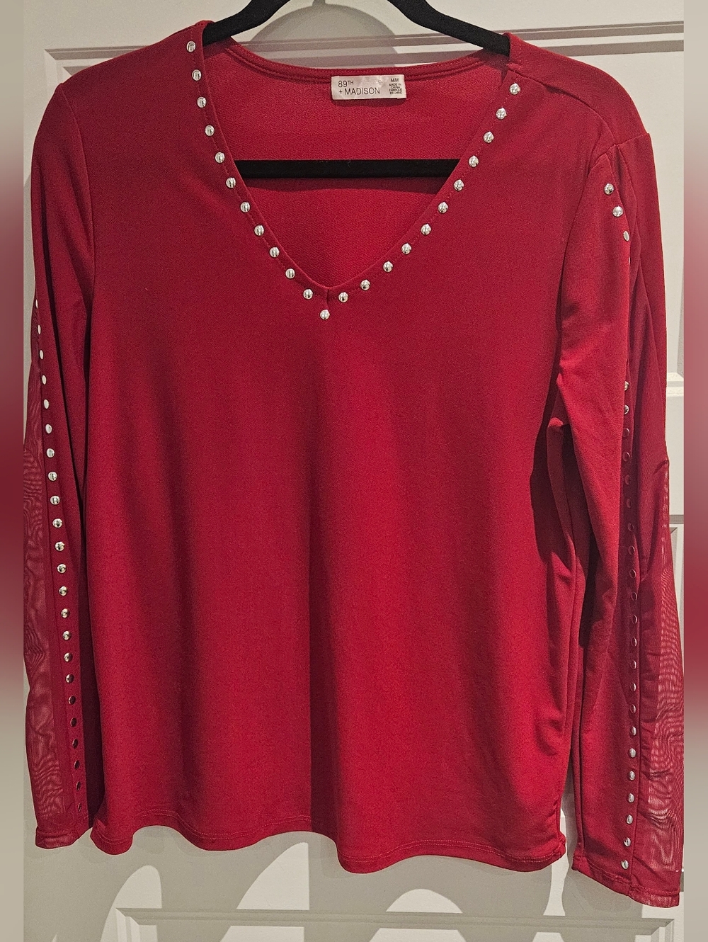 Madison Women's Red V-Neck Studded Long-Sleeve Top